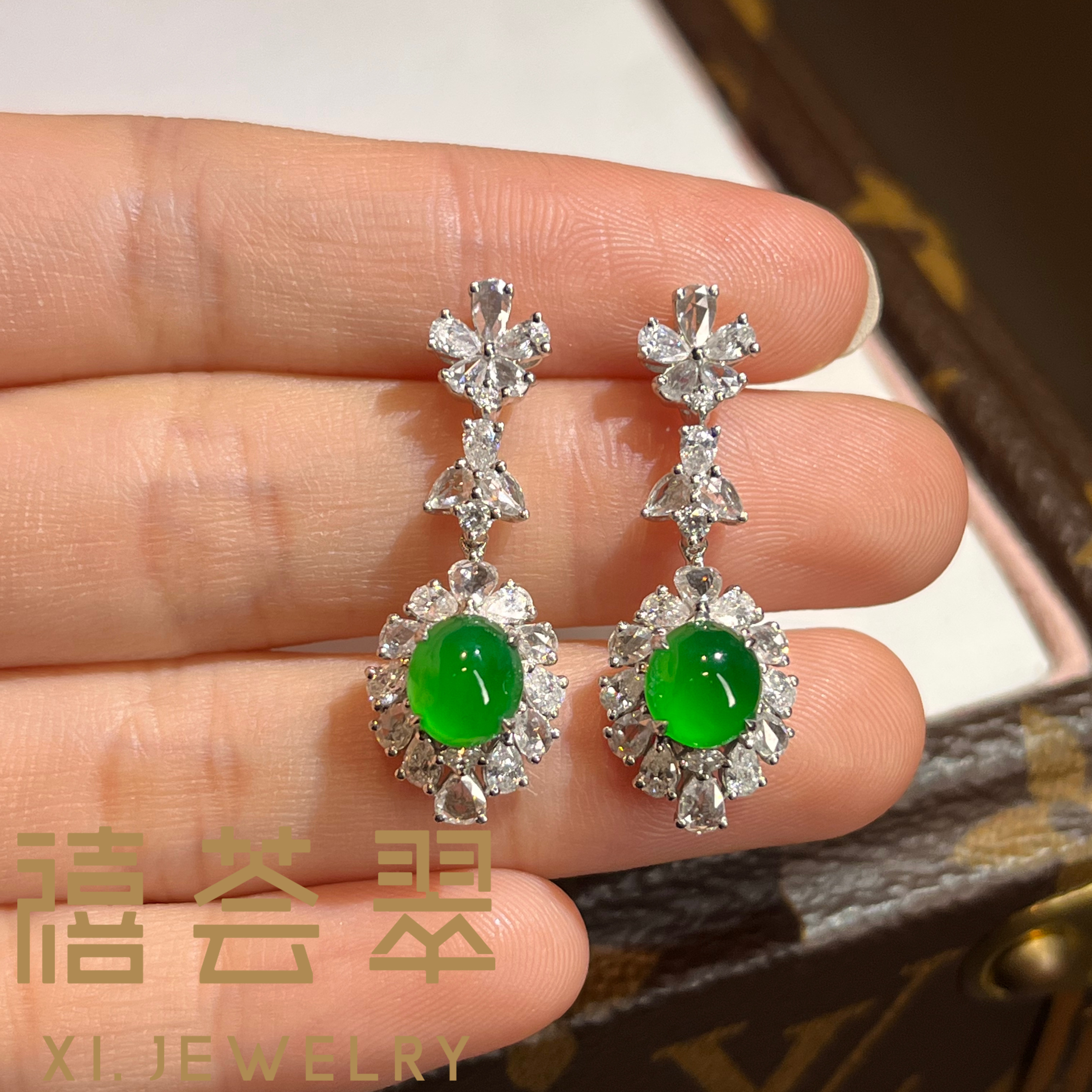 【禧荟翠】蛋面玻璃种耳钉钻石镶嵌天然缅甸A货翡翠,珠宝/钻石/翡翠,耳饰,淘宝优惠券,粉丝福利购,淘宝优惠卷