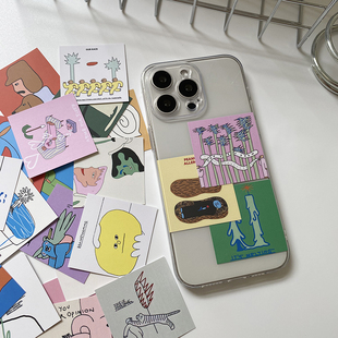 ins风韩国插画师可爱小卡片透明手机壳可放夹手机后面装饰适用于苹果16promax保护壳15个性14创意华为软壳