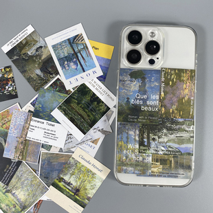 13创意 防摔适用于苹果15promax保护壳14个性 ins小众简约莫奈艺术线条复古小卡片可放夹透明手机壳后面装 饰