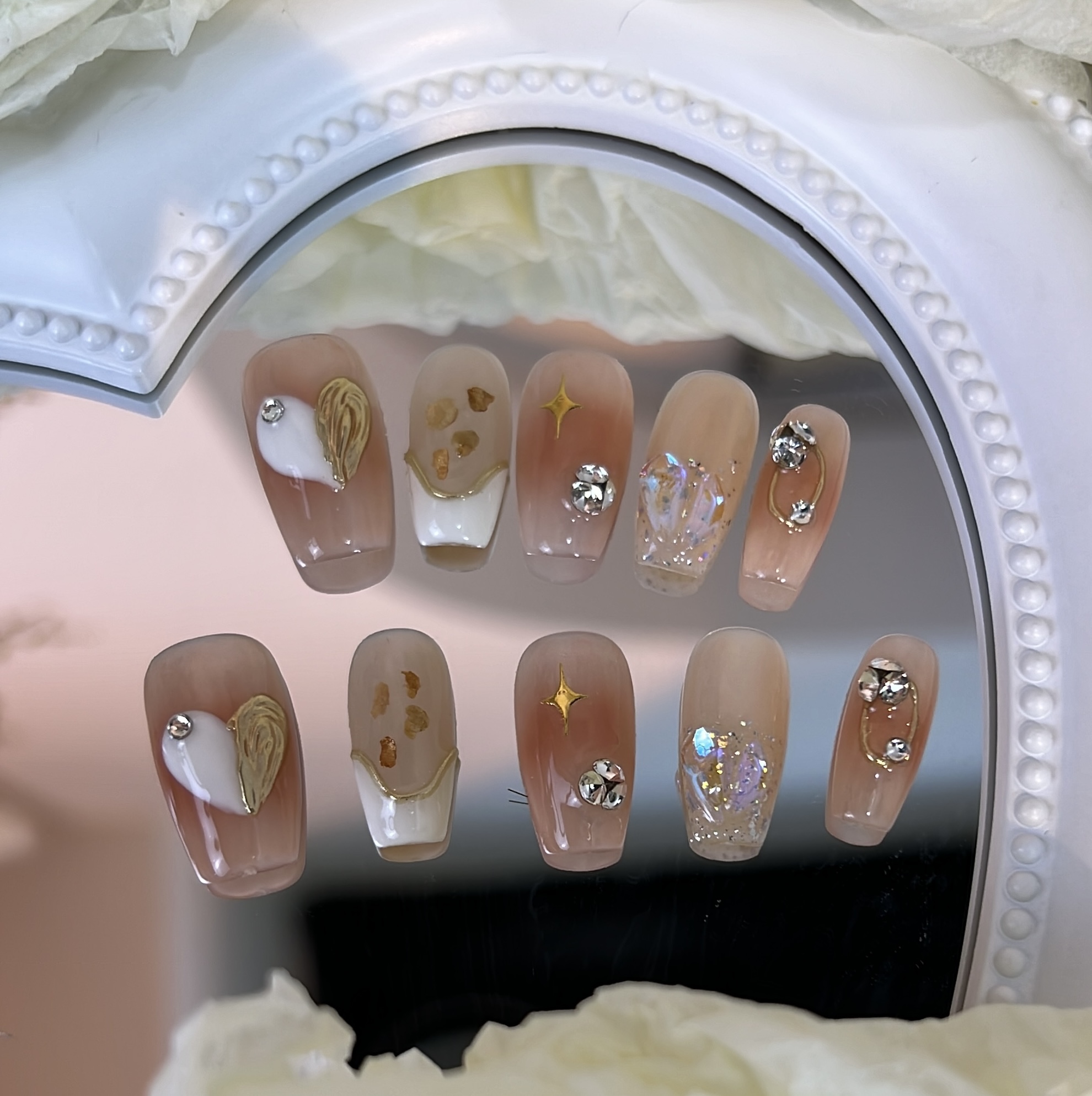 穿戴甲 纯手工轻奢芝士爱心 中款穿戴式美甲高级 随意穿摘