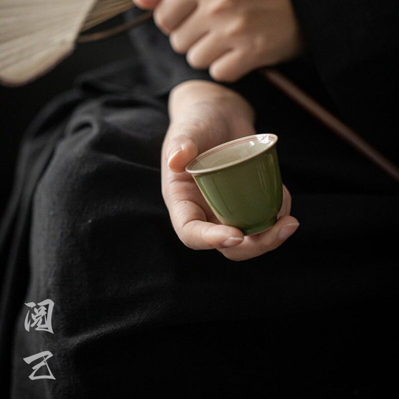 阅己器物 竹青仿古手绘双线品茶杯 单杯客杯 陶瓷品茗杯釉下彩