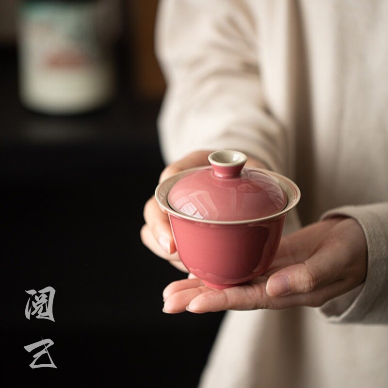 阅己器物 豆红仿古陶瓷盖碗 手绘双线家用泡茶碗 功夫茶具主泡器