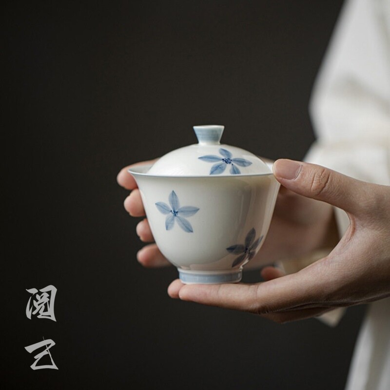阅己器物 手绘青花薄胎手工盖碗 文人主泡茶器功夫茶具釉下彩陶瓷