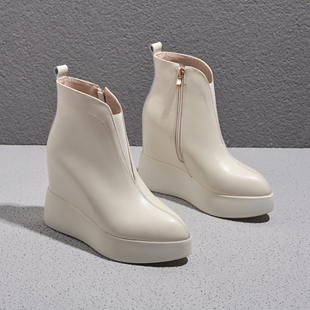 12cm内增高坡跟女靴子冬季 加绒杏色厚底尖头短靴高跟真皮春秋单靴