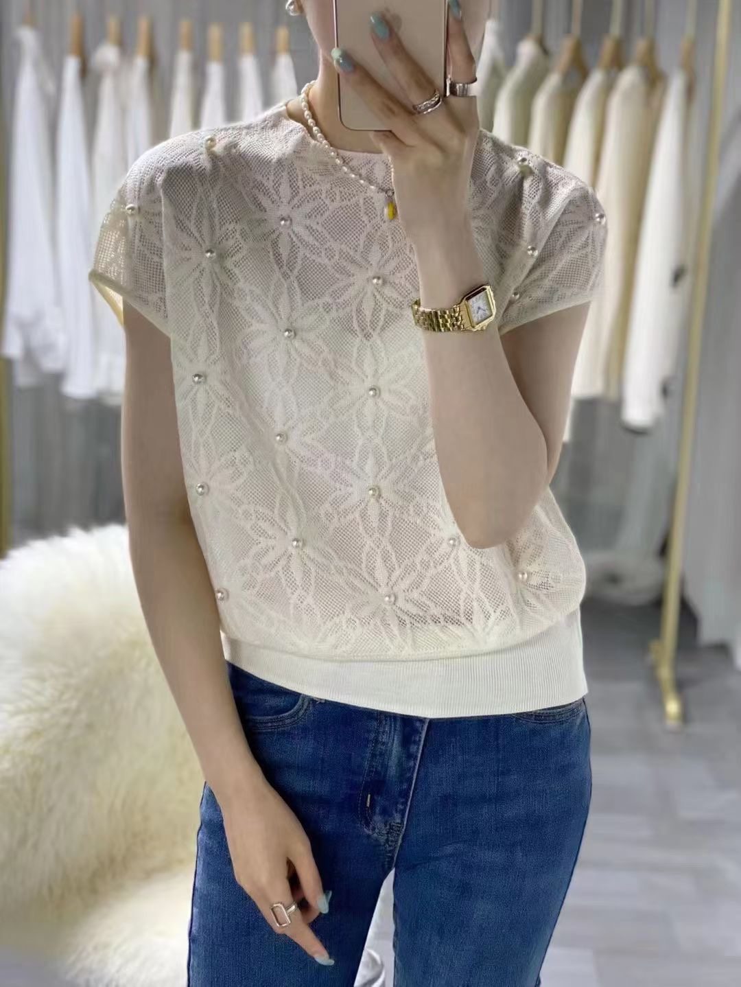 欧洲站提花钉珠透视蕾丝t恤衫短袖女韩版夏装黑色百搭上衣