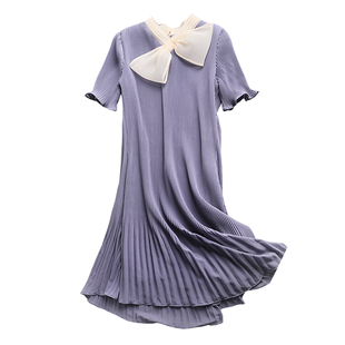 优雅女人味短袖 气质百褶裙条纹雪纺A字裙子 连衣裙女夏2020新款