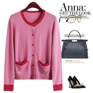 温柔甜美粉色！玫瑰花纽扣双口袋圆领羊毛针织开衫上衣女早春新款