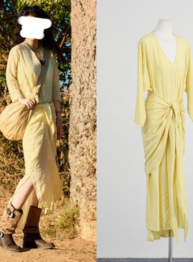 2026春夏马思纯同款苎麻修身连衣裙高级感黄色减龄过膝长款衬衫裙