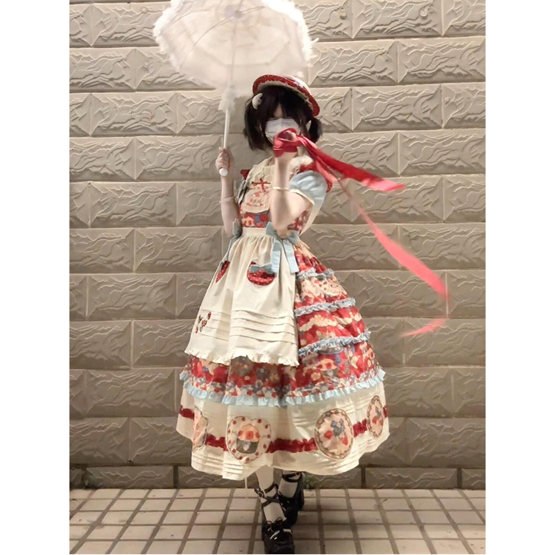 草莓田园风古早感lolita裙围裙套装甜美可爱洛丽塔优雅华丽日系