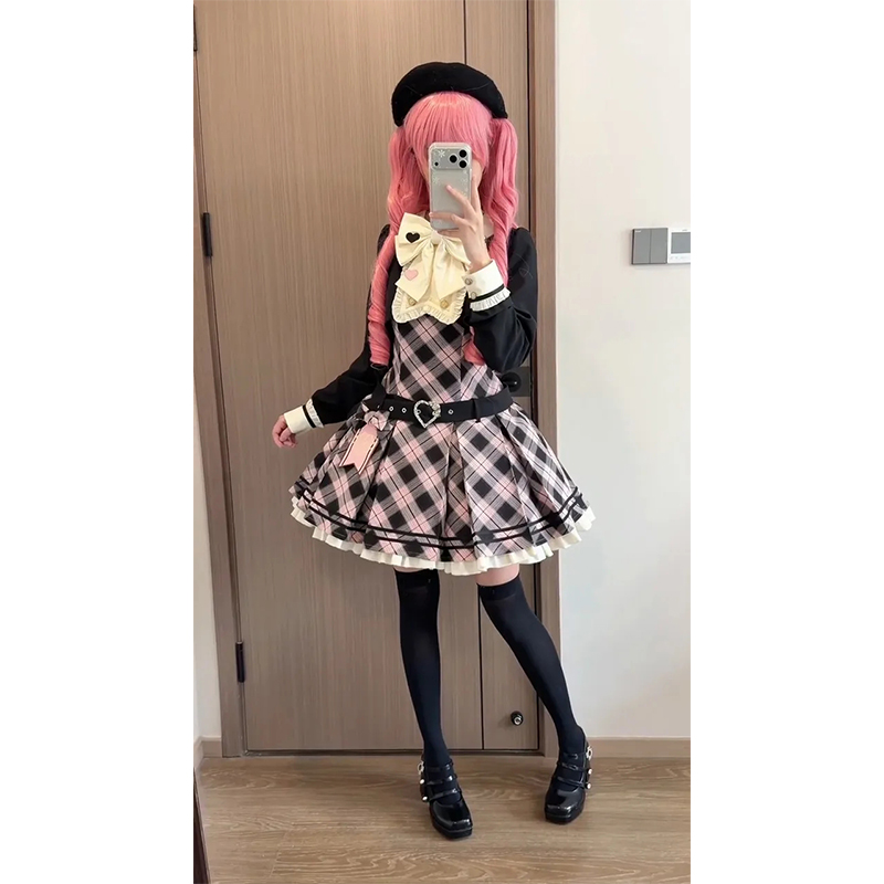 黑粉日系哥特甜美lolita裙重工收腰蝴蝶结连衣裙洛丽塔秋冬日常