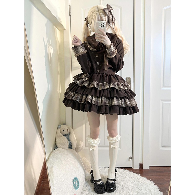 复古甜妹冬季格纹拼接短款外套层叠蛋糕裙两件套Lolita裙洛丽塔