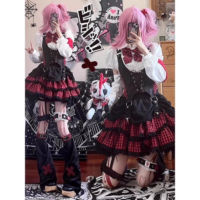黑红美式摇滚少女打歌服甜心小偶像套装lolita裙甜辣洛丽塔学院风