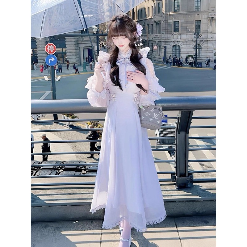 日系清楚系温柔露肩长袖立领收腰长裙荷叶边蕾丝拼接连衣裙量产型