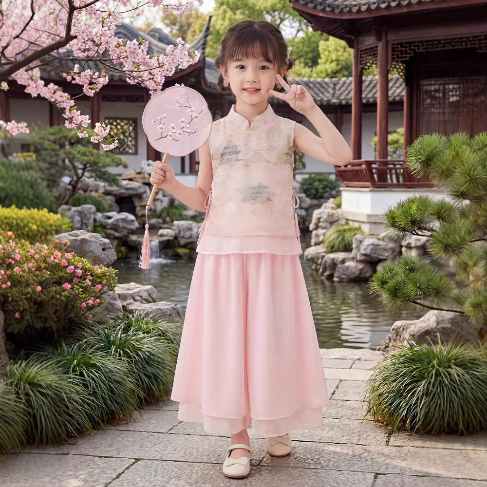 2026新款汉服夏装儿童洋气新中式上衣裤子两件套小女孩古风套装
