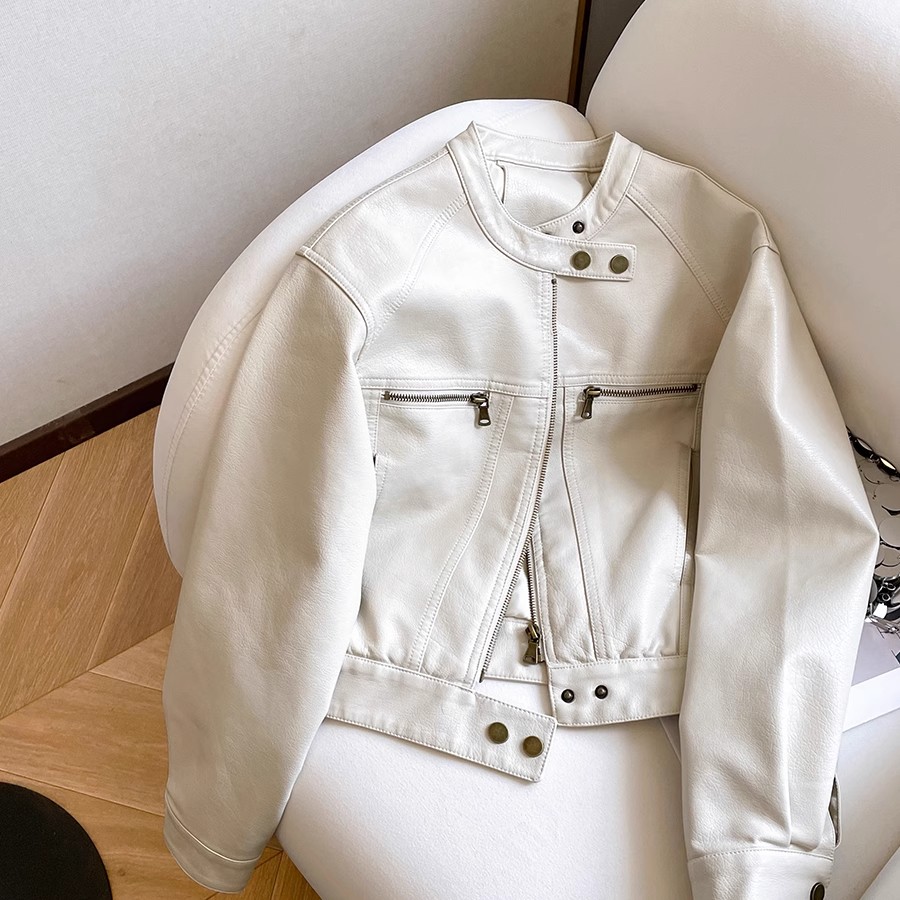 米色机车服短款pu皮衣外套女2皮衣