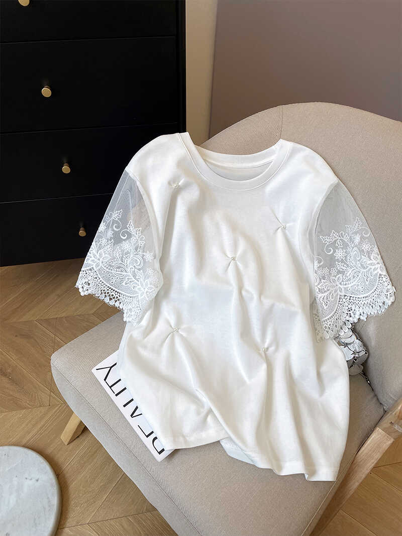 白色蕾丝拼接短袖T恤女夏季新款洋气减龄小众设计感圆领半袖上衣
