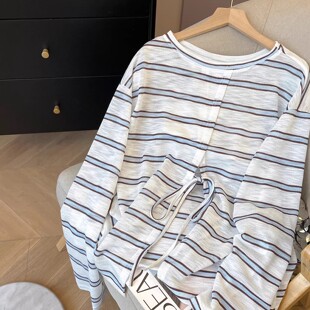 宽松圆领长袖 春薄款 t恤针织上衣 女2026新款 撞色条纹微透防晒罩衫