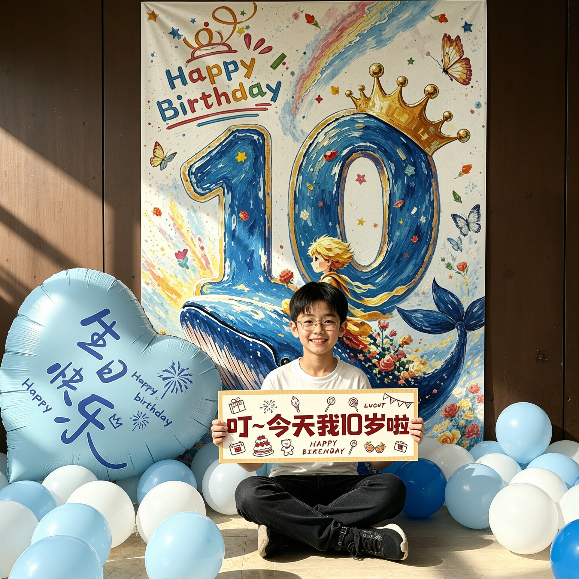 蓝色男孩生日快乐仪式感背景墙图片
