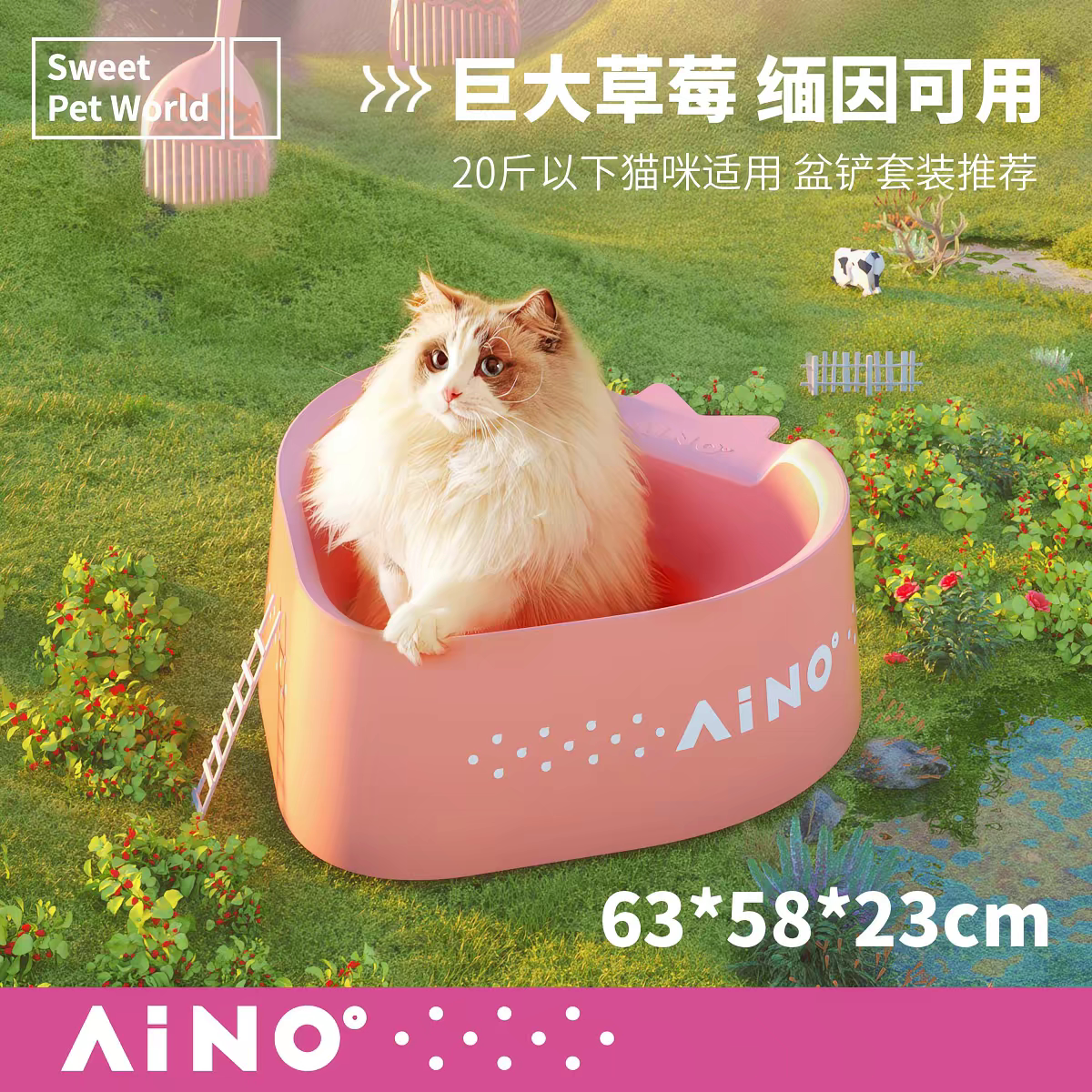 AINO爱萌仕草莓猫砂盆 特大猫砂盆猫厕所防漏砂超大号防溅开放式