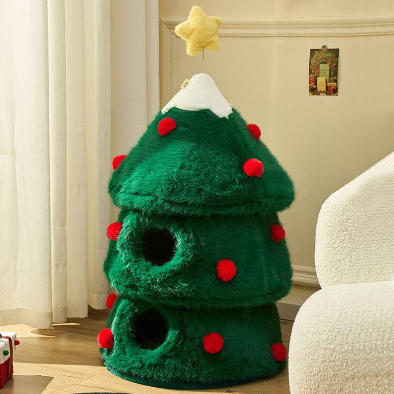 捣蛋鬼圣诞树猫窝冬季保暖加厚封闭式躲避猫屋冬天三层新型猫咪床