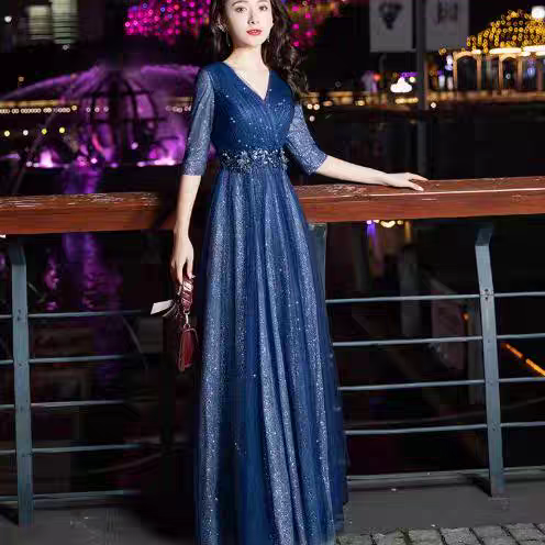 新款晚礼服女轻奢小众高端长款宴会气质朗诵合唱团演出服主持
