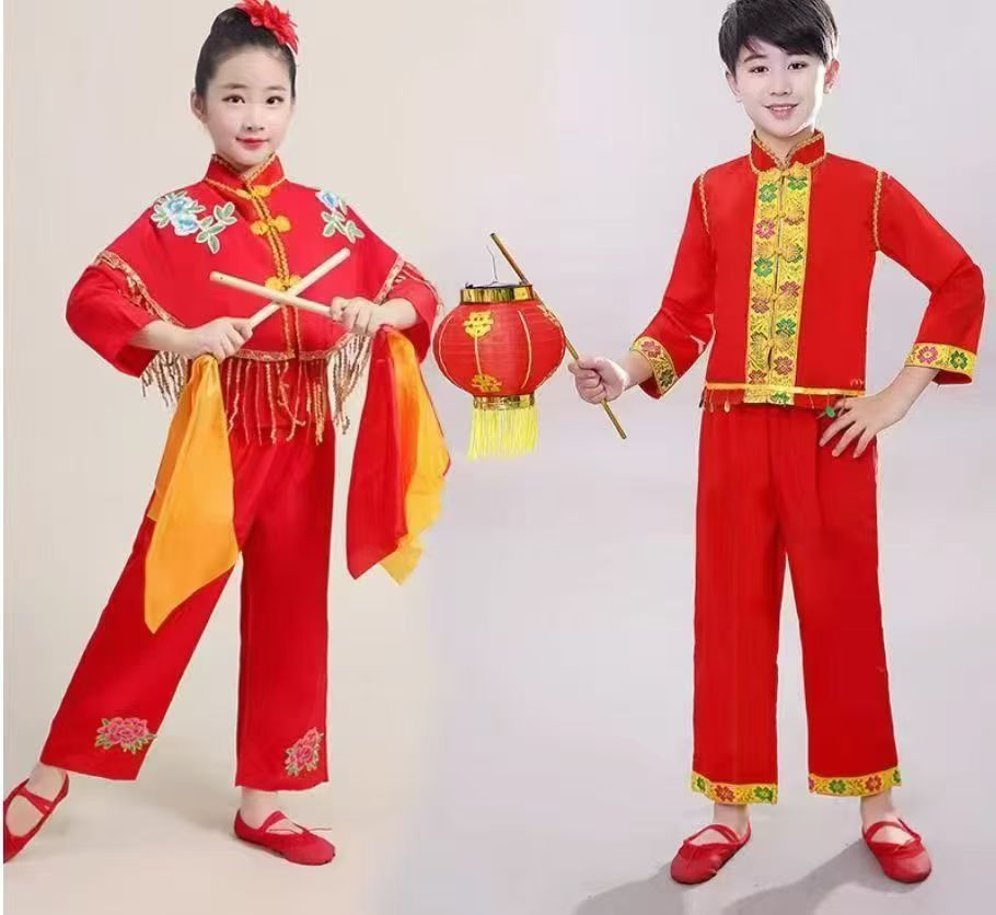 儿童开门红演出服中国风腰鼓队服男女童舞蹈服喜庆秧歌表演服断码图片