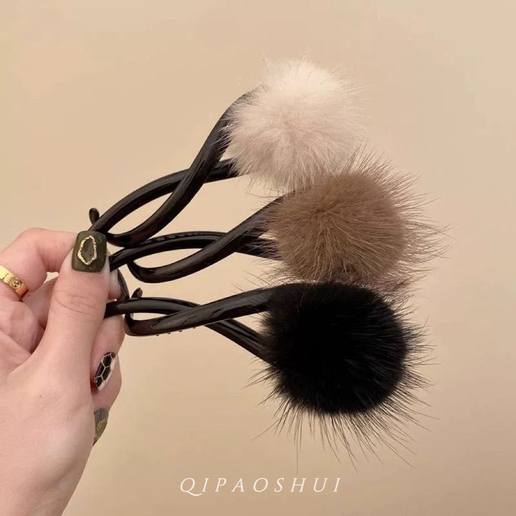 简约毛绒毛球一字发夹女法式气质盘发扭扭夹高级感后脑勺盘发夹子