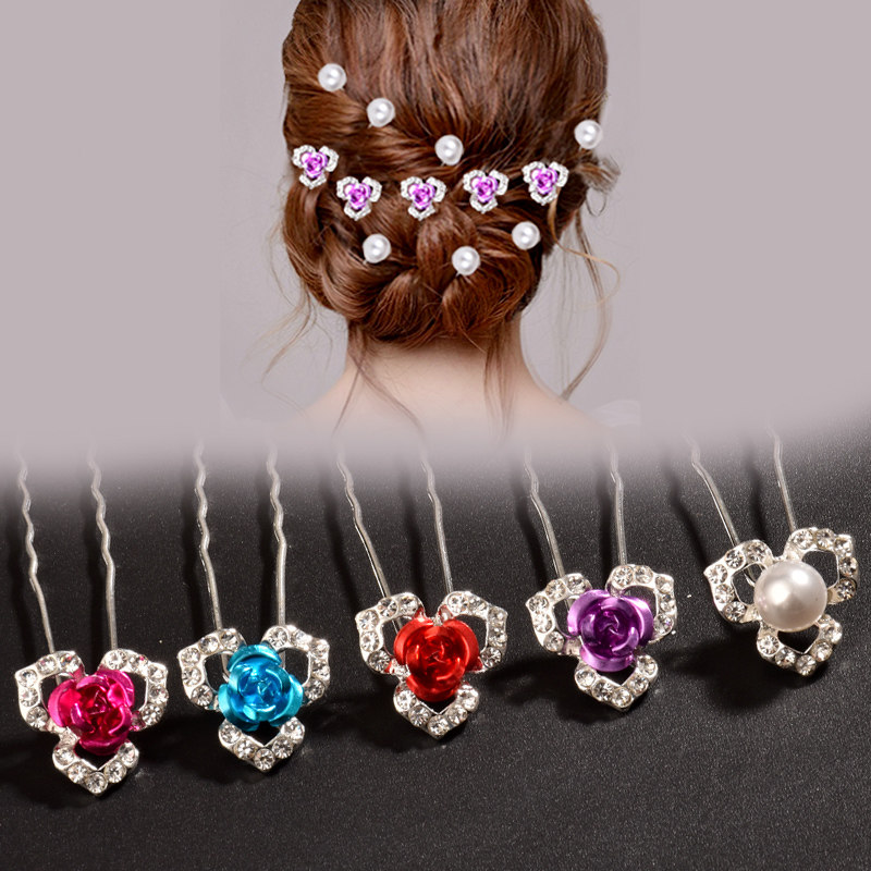 韩版盘发发饰插针水钻盘发器簪子丸子头u型发夹珍珠编发配饰百搭