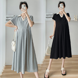 孕妇夏装连衣裙夏季大码上衣女2025新款时尚V领遮肚Polo领t恤裙子