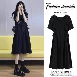 孕妇夏装短袖连衣裙小个子法式赫本风v领夏季裙子时尚大码小黑裙