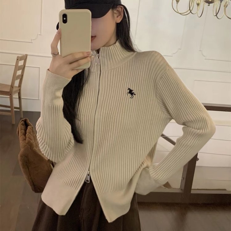 美式拉链高领针织开衫女2025秋冬季新款内搭毛衣外套黑色短款上衣