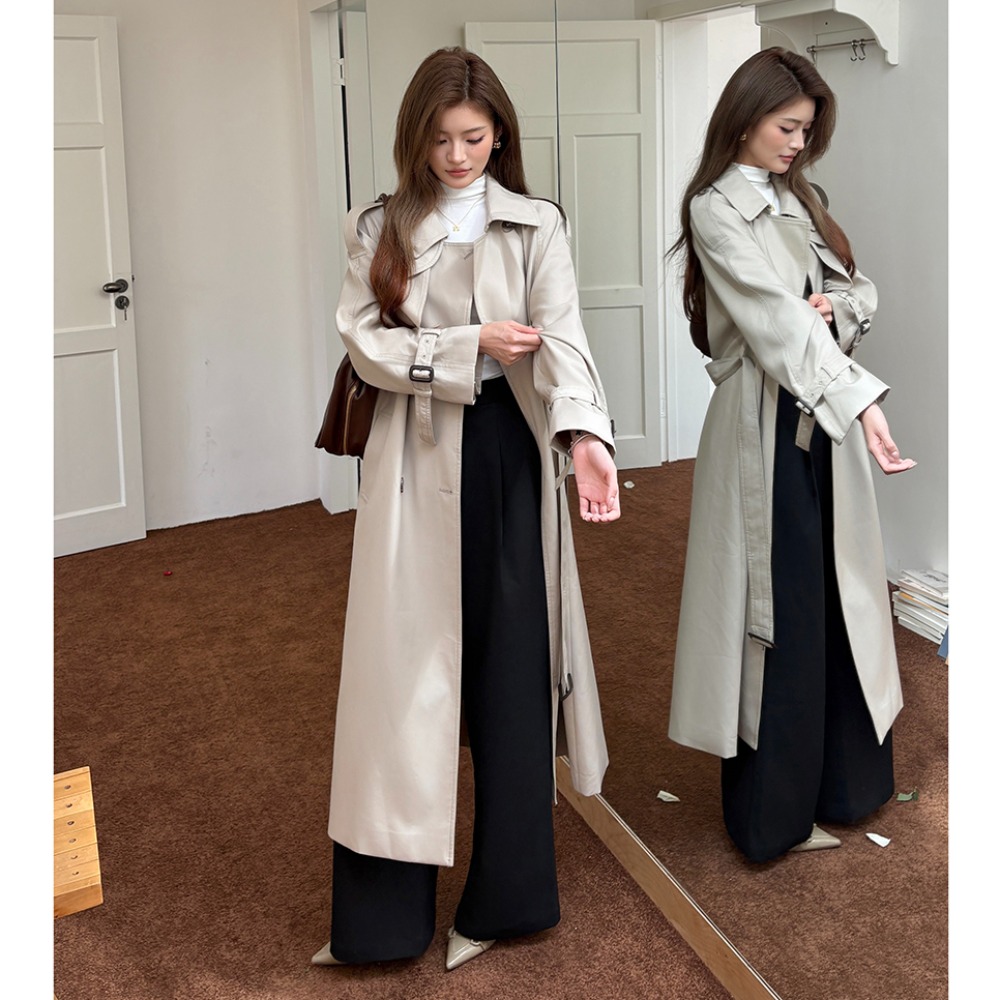 2025秋冬新款宽松系带过膝长款大衣复古气质潮英伦风衣外套女