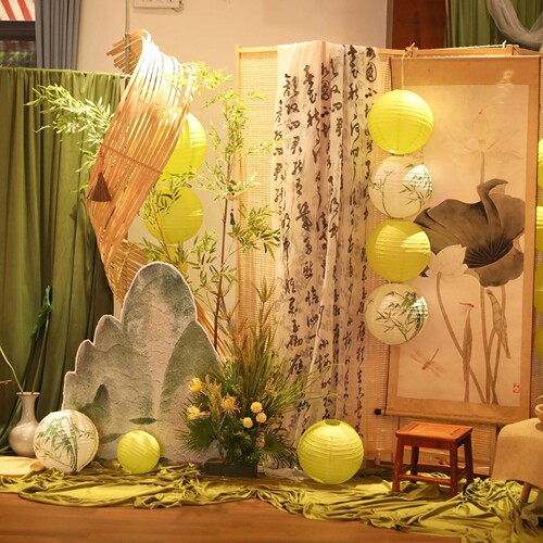 新中式绿色系布幔幼儿园夏天端午国风环创装饰布置古风背景布纱幔