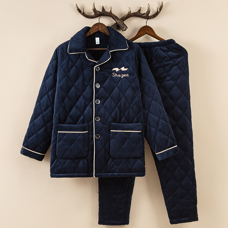 秋冬季男士睡衣法兰绒三层夹棉保暖加绒加厚中老年家居服两件套