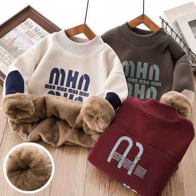 男童加绒卫衣冬季中大儿童休闲加厚仿兔绒打底衫男孩冬装保暖上衣