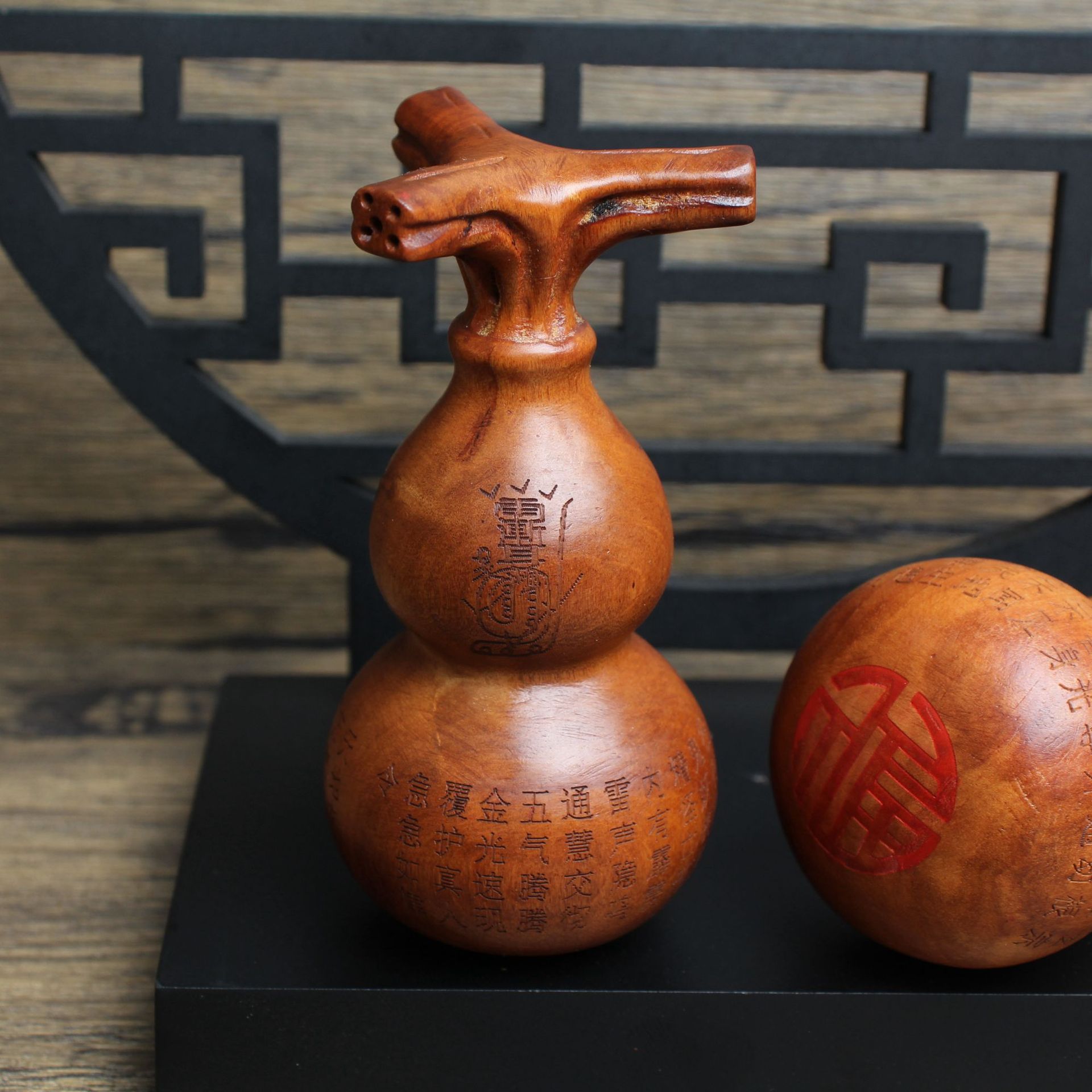 雷击枣木雕刻金光咒葫芦手把件吊图片