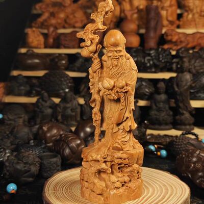 【保真】崖柏人物装饰木雕龟鹤寿