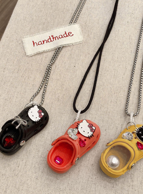 甜酷个性凯蒂猫洞洞鞋吊坠钛钢挂脖项链女配饰长款装饰毛衣链