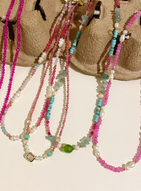 自制款玫粉色/绿色串珠项链 好看nice设计感珠项链2个色韩系穿搭