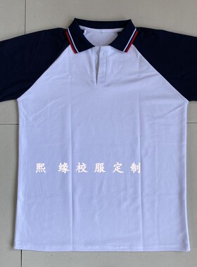 定制夏季校服半袖上衣白色拼接藏蓝色红白杠翻领短袖T初高中小学