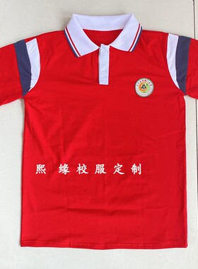 定制宝丰县西城门小学夏季红色拼接翻领短袖校服半袖T恤初高中小