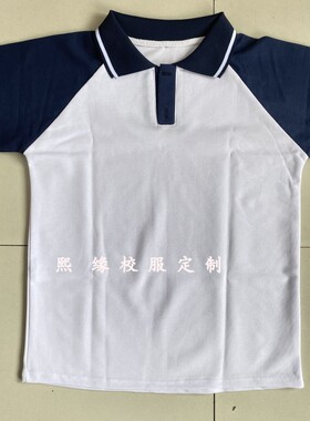 定制山东诸城青潍中学藏蓝色拼接白色纯棉校服短袖上衣初高中小学