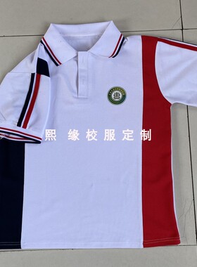 定制江苏丰县东关小学夏季校服半袖上衣红白蓝拼色翻领短袖T恤棉