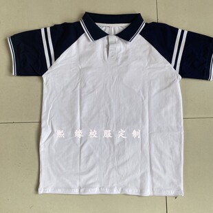 定制广东肇庆市致远实验学校短袖校服上衣白条纹纯棉园服班服半袖
