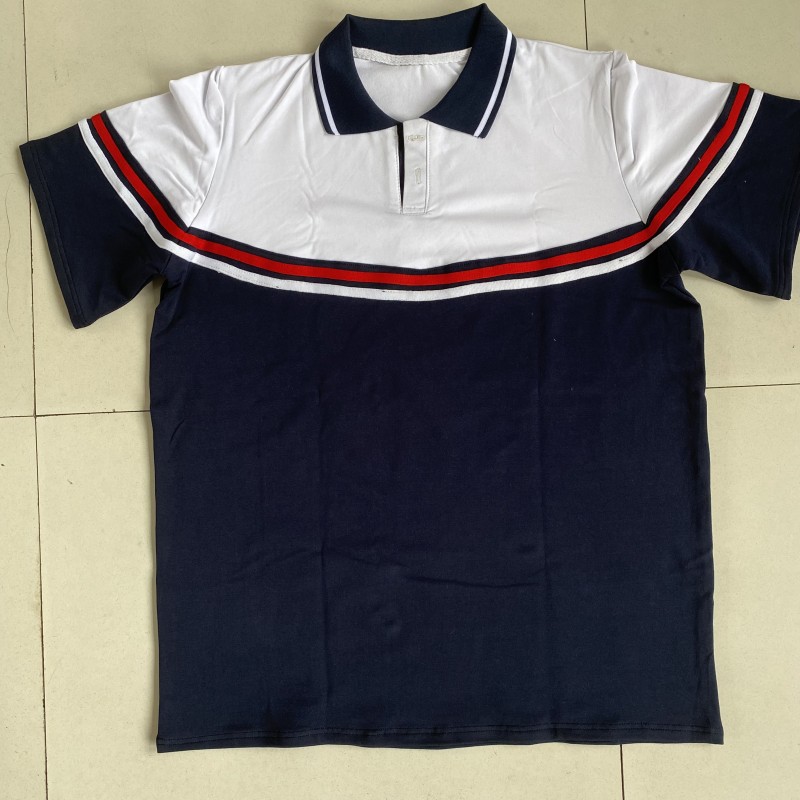 夏季T恤深蓝拼白色红白双杠校服