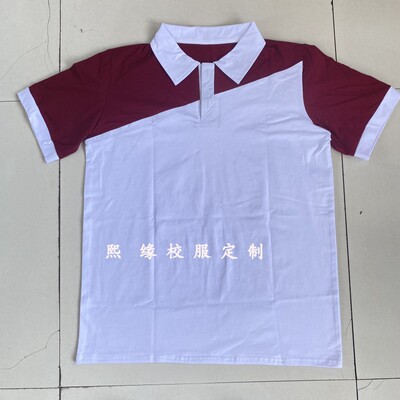 定制夏季校服半袖上衣暗红色拼接白色翻领短袖T初高中小学生运动