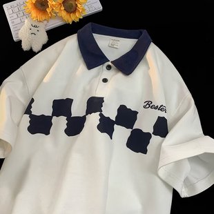 体恤 polo衫 短袖 男夏季 宽松刺绣字母落肩青少年t恤学院风撞色半袖