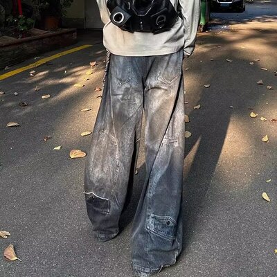 美式复古做旧破洞弯刀牛仔裤男