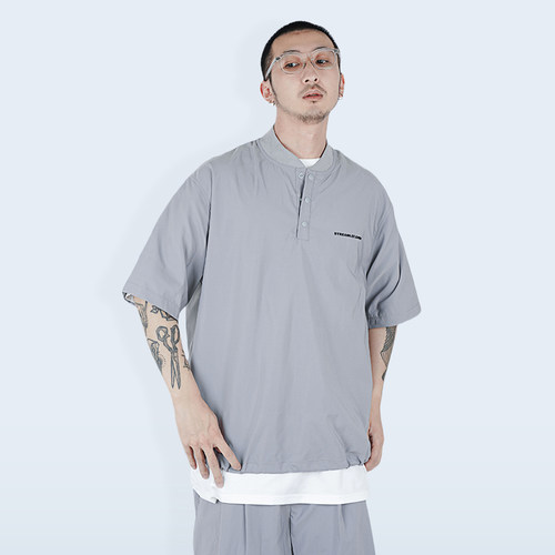 亨利领改良设计可抽绳宽松短袖