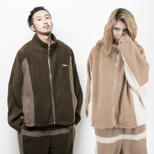 羊羔绒撞色拉链宽松卫衣